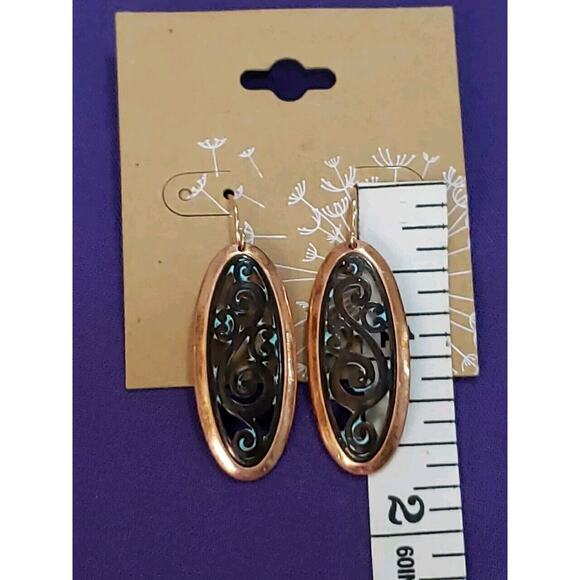 Copper Tone Metal Dangle Earrings, Oval Shape with Antiqued Bronze Scrollwork - Picture 6 of 10